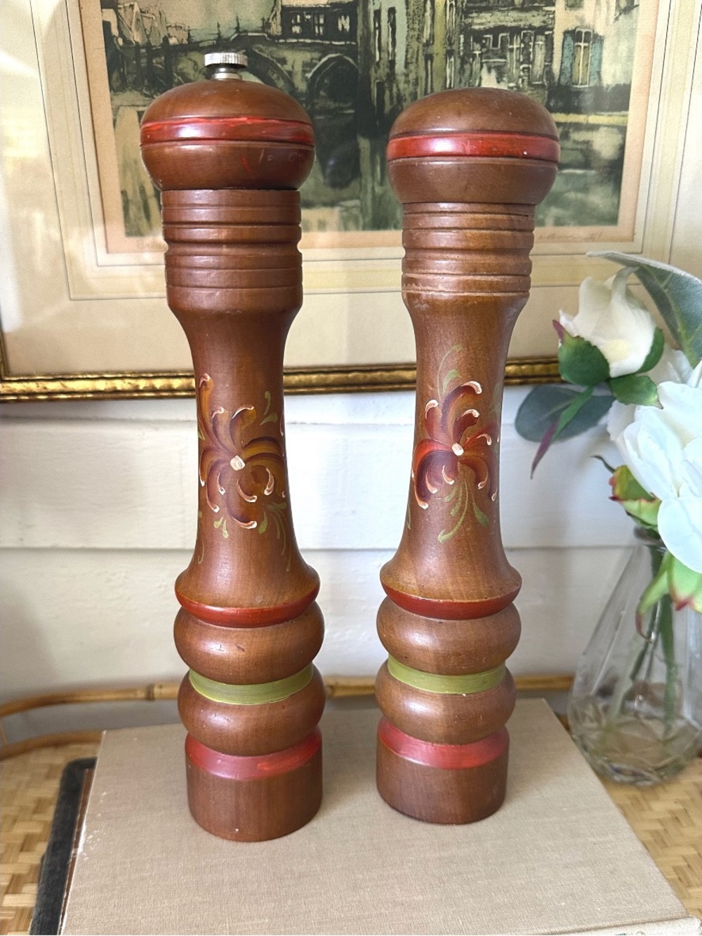 Vintage Wooden Salt Shaker & Pepper Mill Set Made In Japan 10"Tall Hand Painted